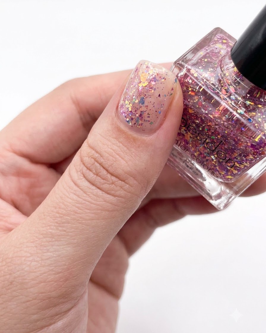 A finished nail application showing a smooth, flat layer of multicolored glitter flakes across the entire plate.