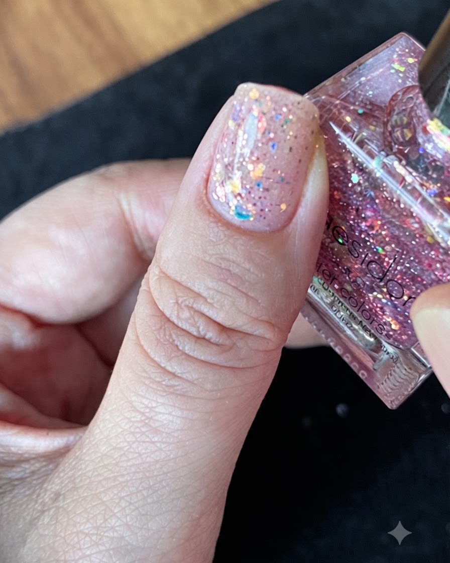 A close-up view of a thumb with freshly applied glitter polish resting to level out.