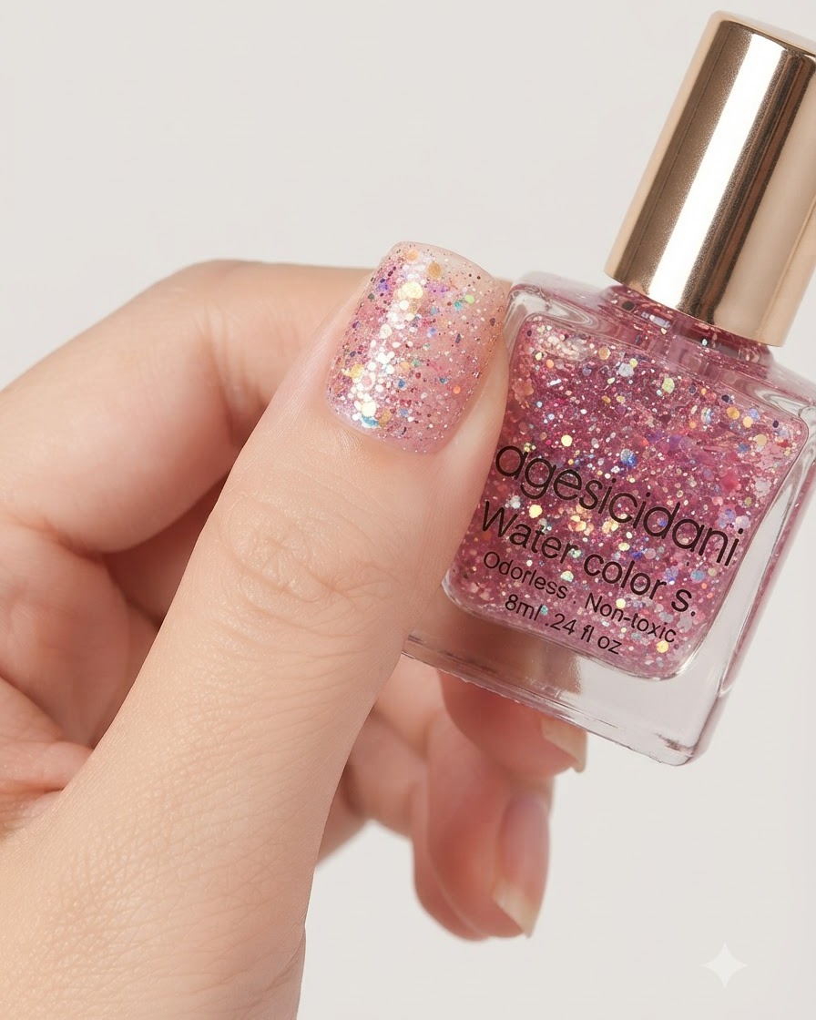 A hand holding a hairdryer pointing cool air from afar toward a newly polished nail.