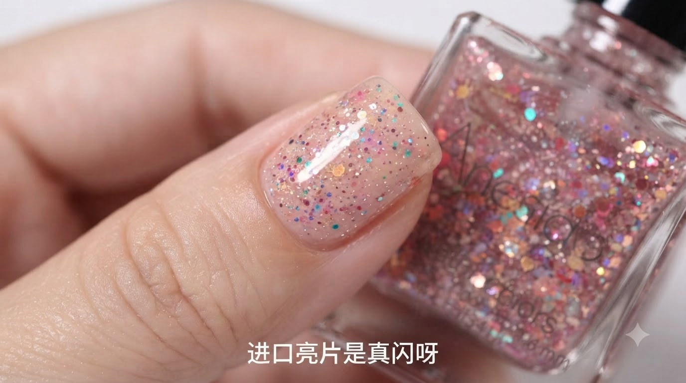 Close-up view of a nude-pink manicure featuring dense, sparkling multicolored glitter flakes with a high-gloss finish.