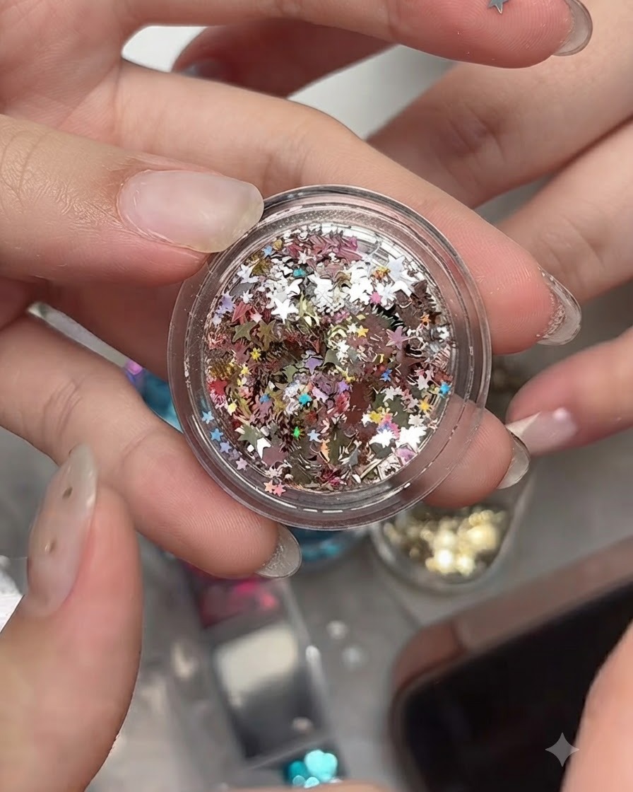 A small transparent jar filled with a mix of holographic silver, gold, and pink star-shaped sequins.