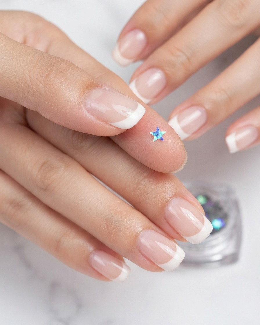A single holographic blue star glitter piece resting flat on the pad of a thumb.