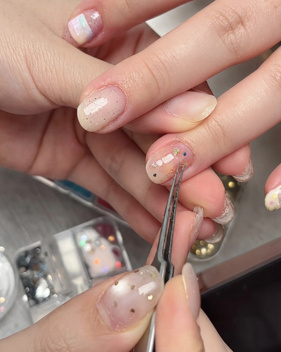 Tweezers gently pressing a star glitter piece onto a manicured nail to secure it flat.
