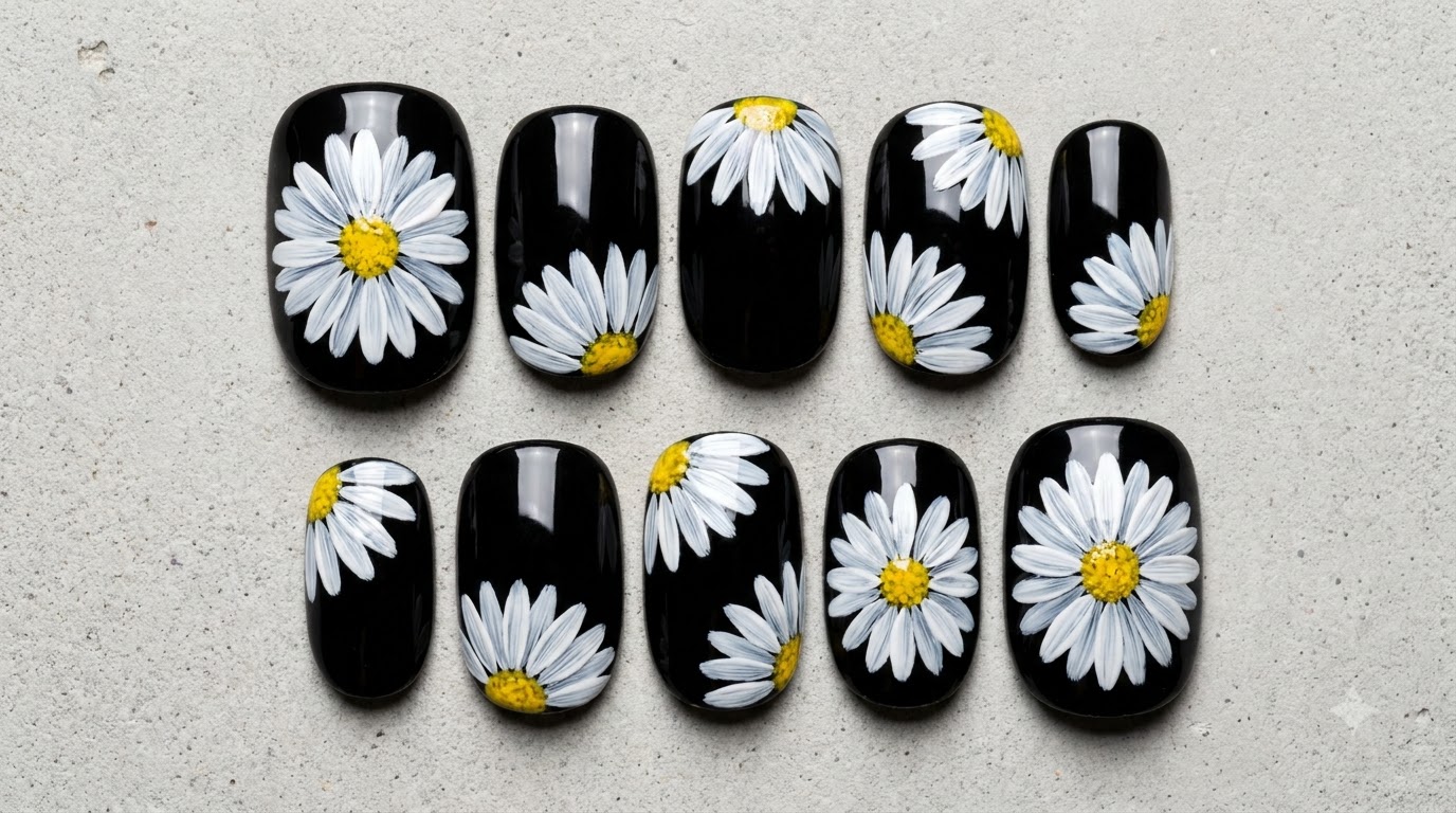 Hand-Painted Daisy Nail Art on Black — Step-by-Step Tutorial