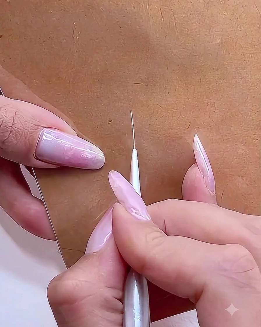 A close-up view of a fine liner brush creating reference crosshair marks on a brown craft sheet.