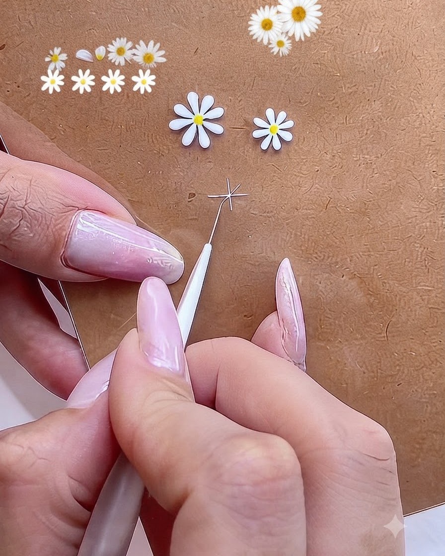 A close-up of a fine liner brush adding a small white gel dot at the center of a crosshair guide.