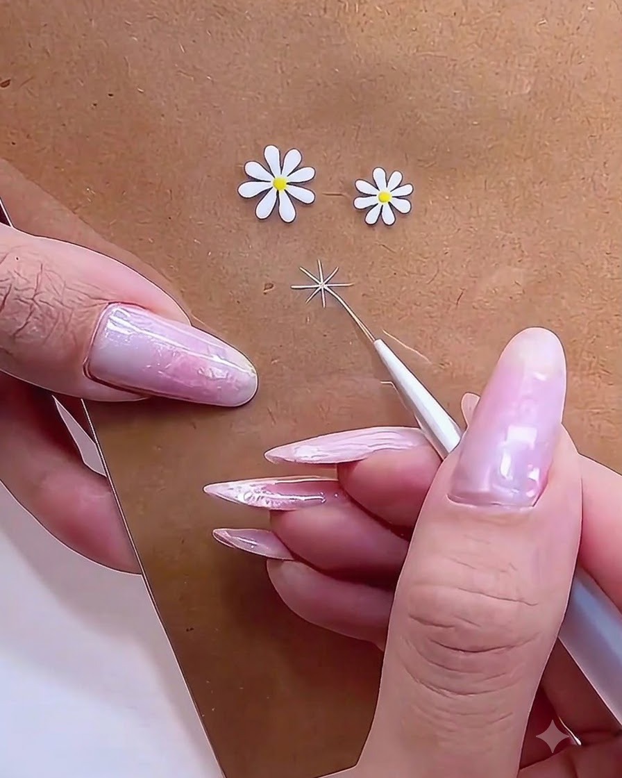 A close-up of a nail brush pulling a single white gel petal stroke outward from the center dot.