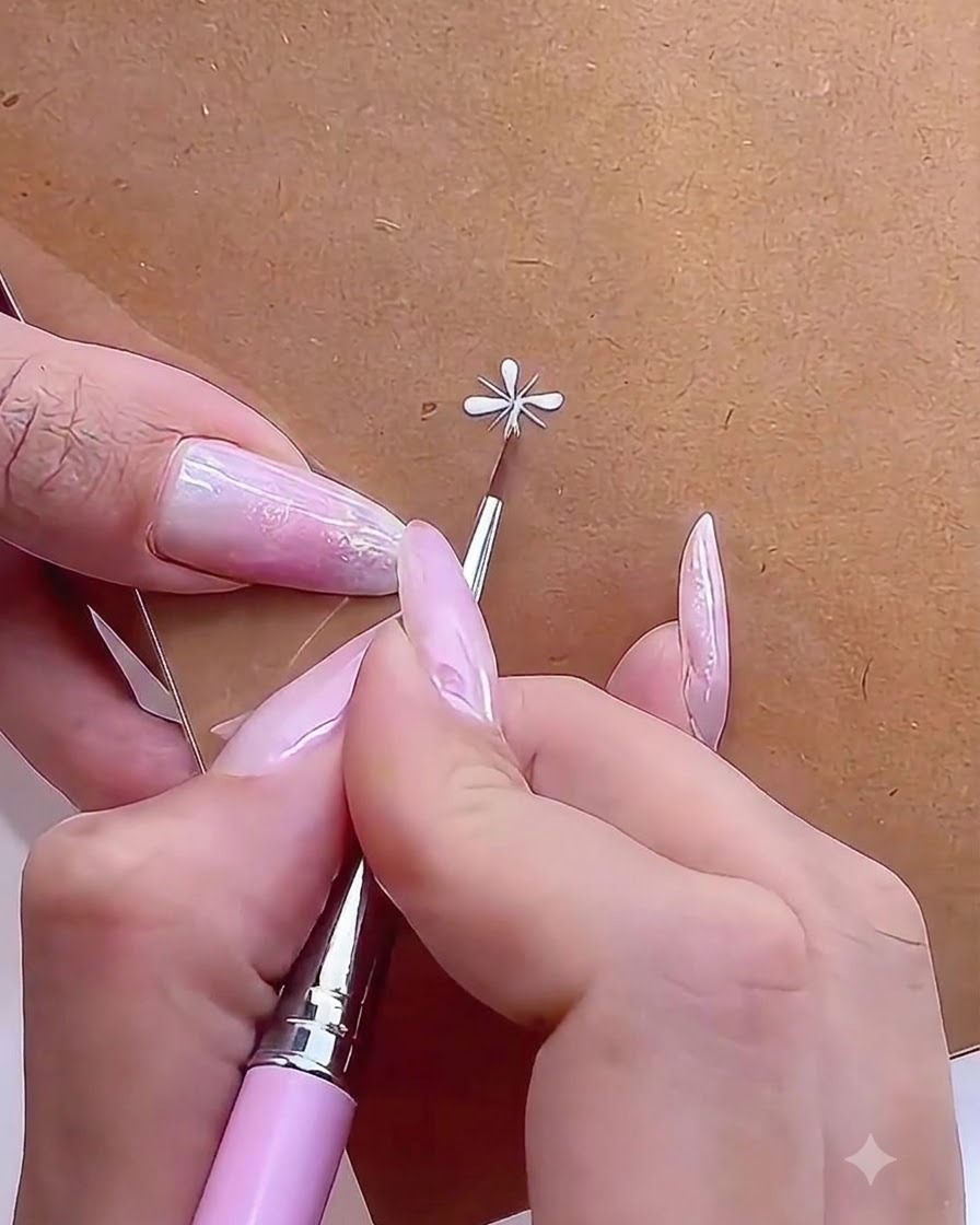 A close-up view of a fine brush refining the final petal shapes of a completed hand-painted daisy.
