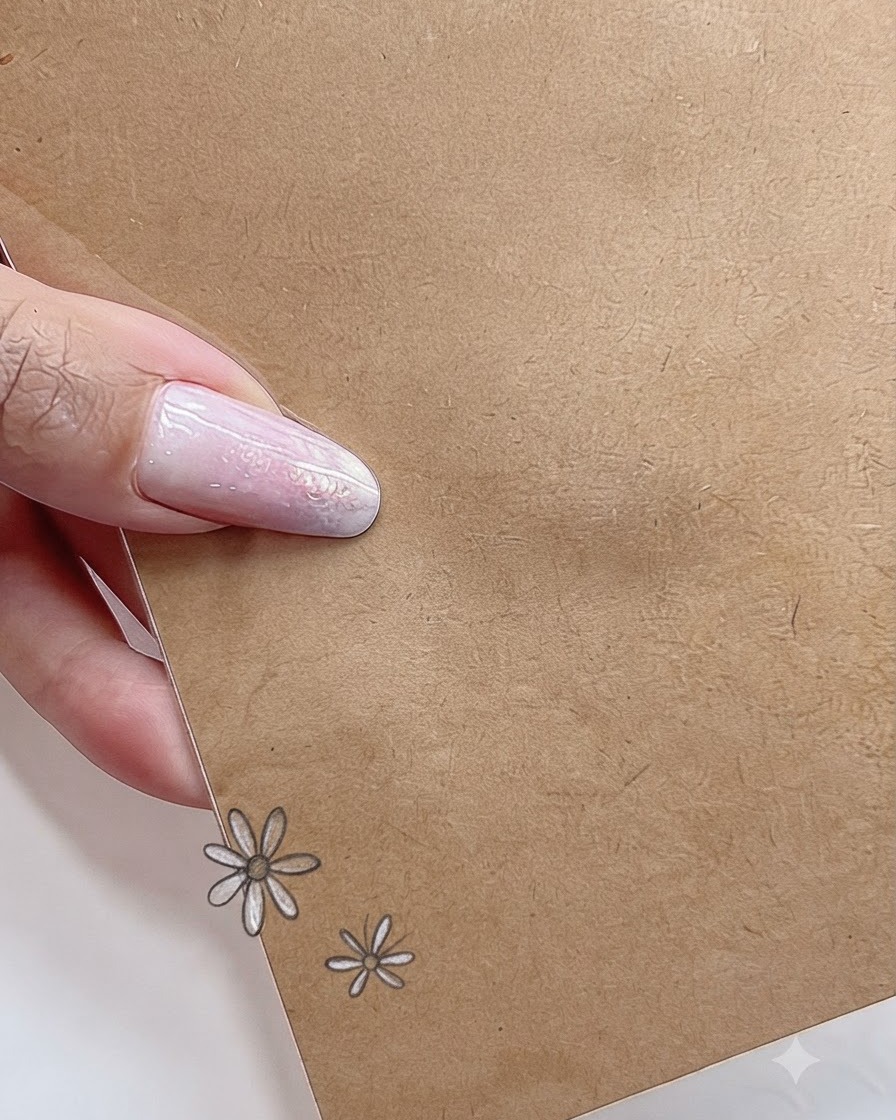 A close-up view of a nail art design showing two painted white daisies of different sizes grouped together on a neutral surface.