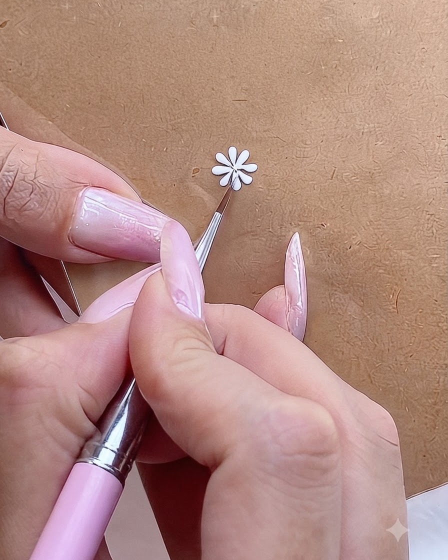 A mini UV flashlight curing a white daisy nail art design painted on a surface.
