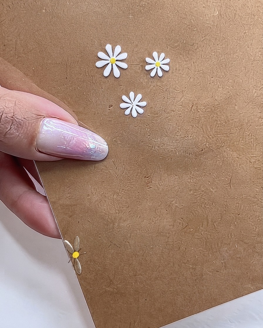 A nail design featuring multiple finished white daisies with bright yellow centers created using a dotting tool.