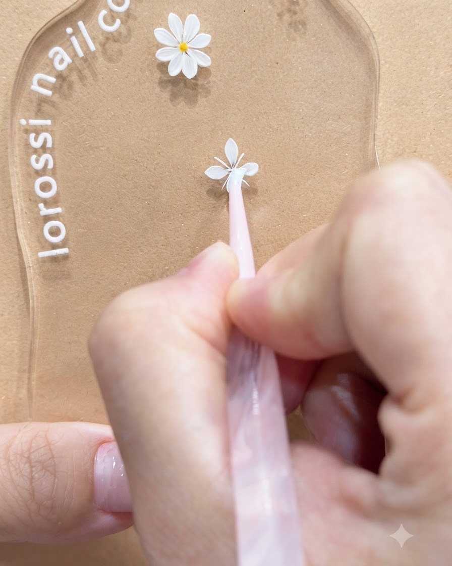 A close-up view of a tool smoothing the edges of white daisy petals on a transparent nail art palette.