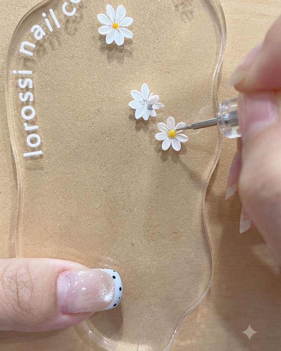 A tool applying a yellow center dot to the second white daisy motif on an acrylic nail art palette.