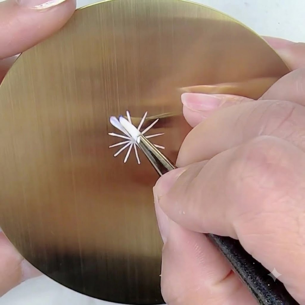 A fine brush painting a white petal using a pressing and lifting technique on a golden practice sheet.