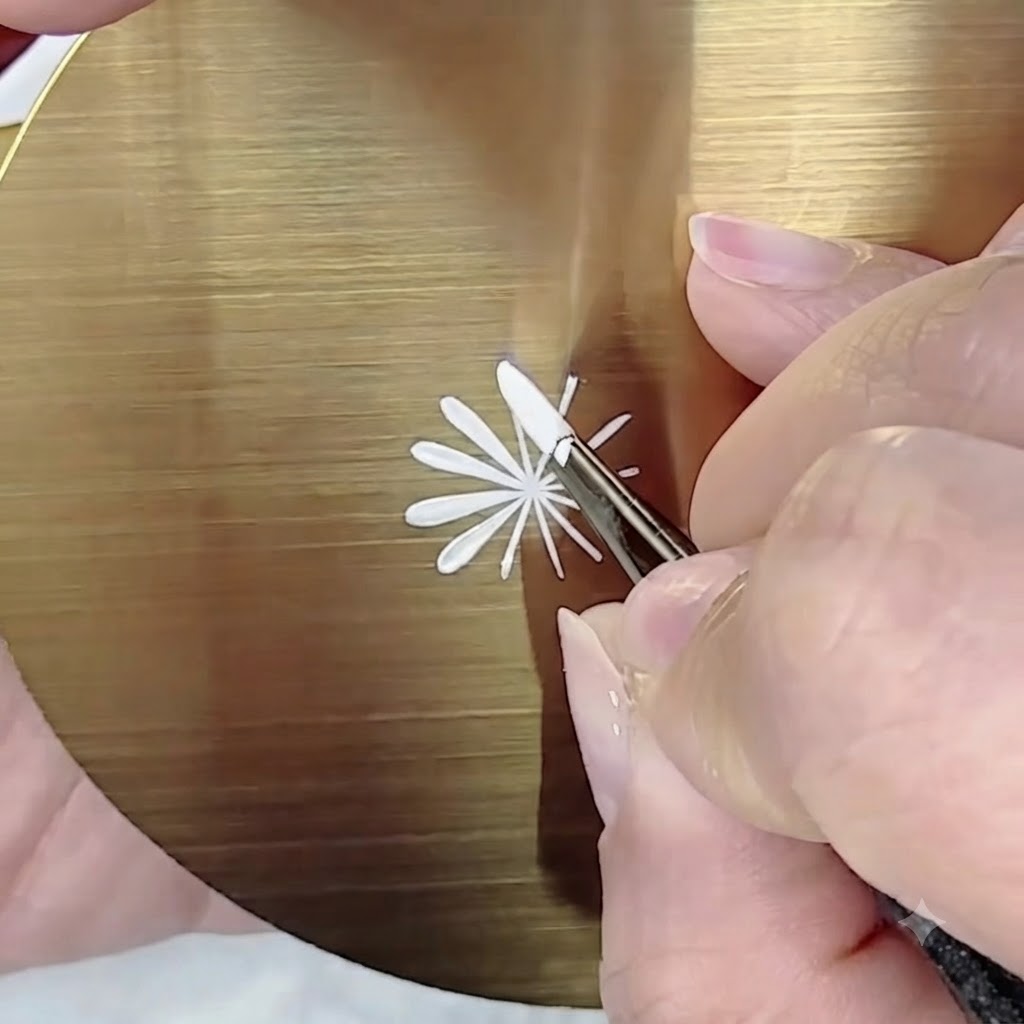 A fine brush painting the remaining petals of the first layer in a circle around the center on a golden palette.