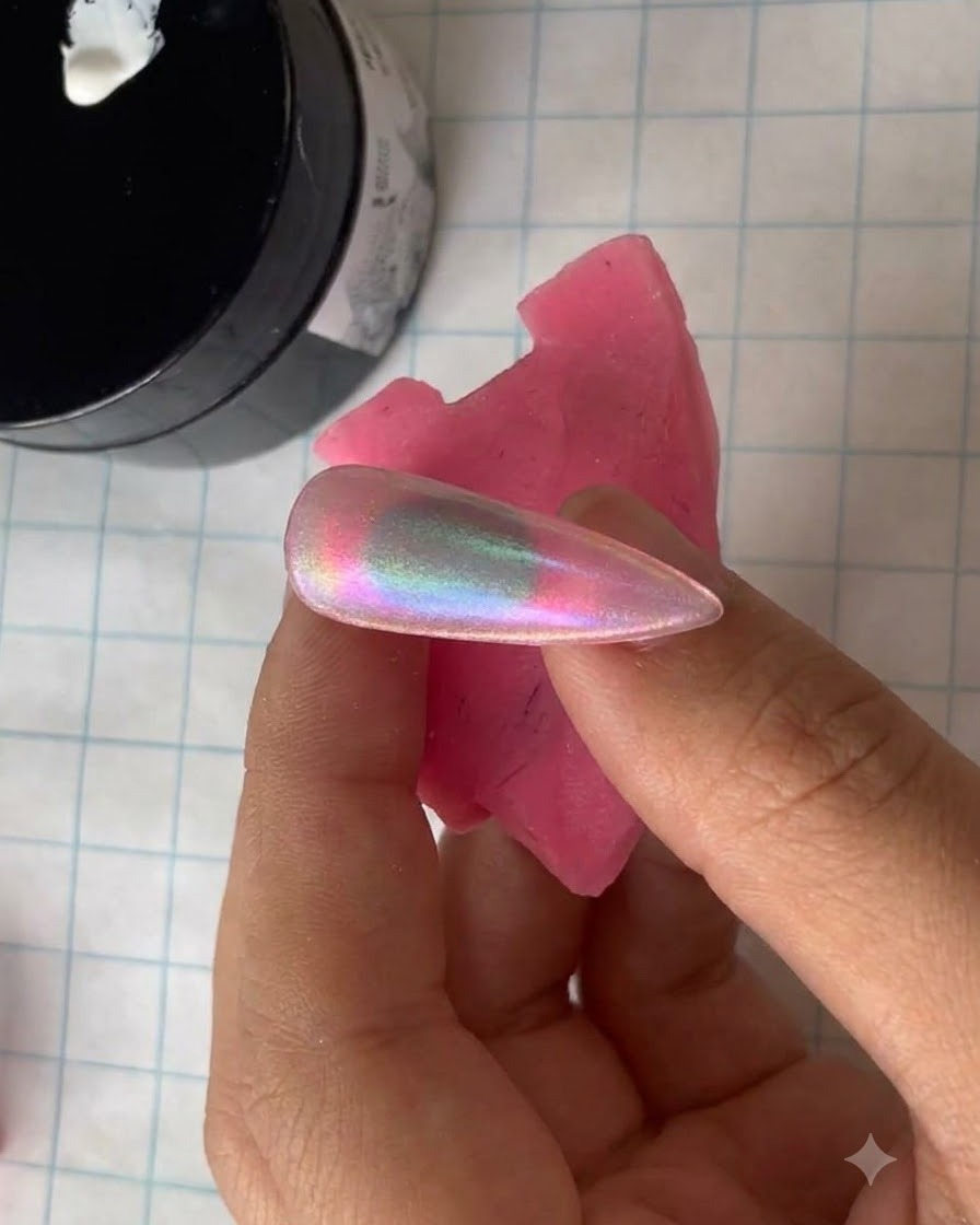 A close-up of a fine nail art brush picking up white gel from the rim of a black container.