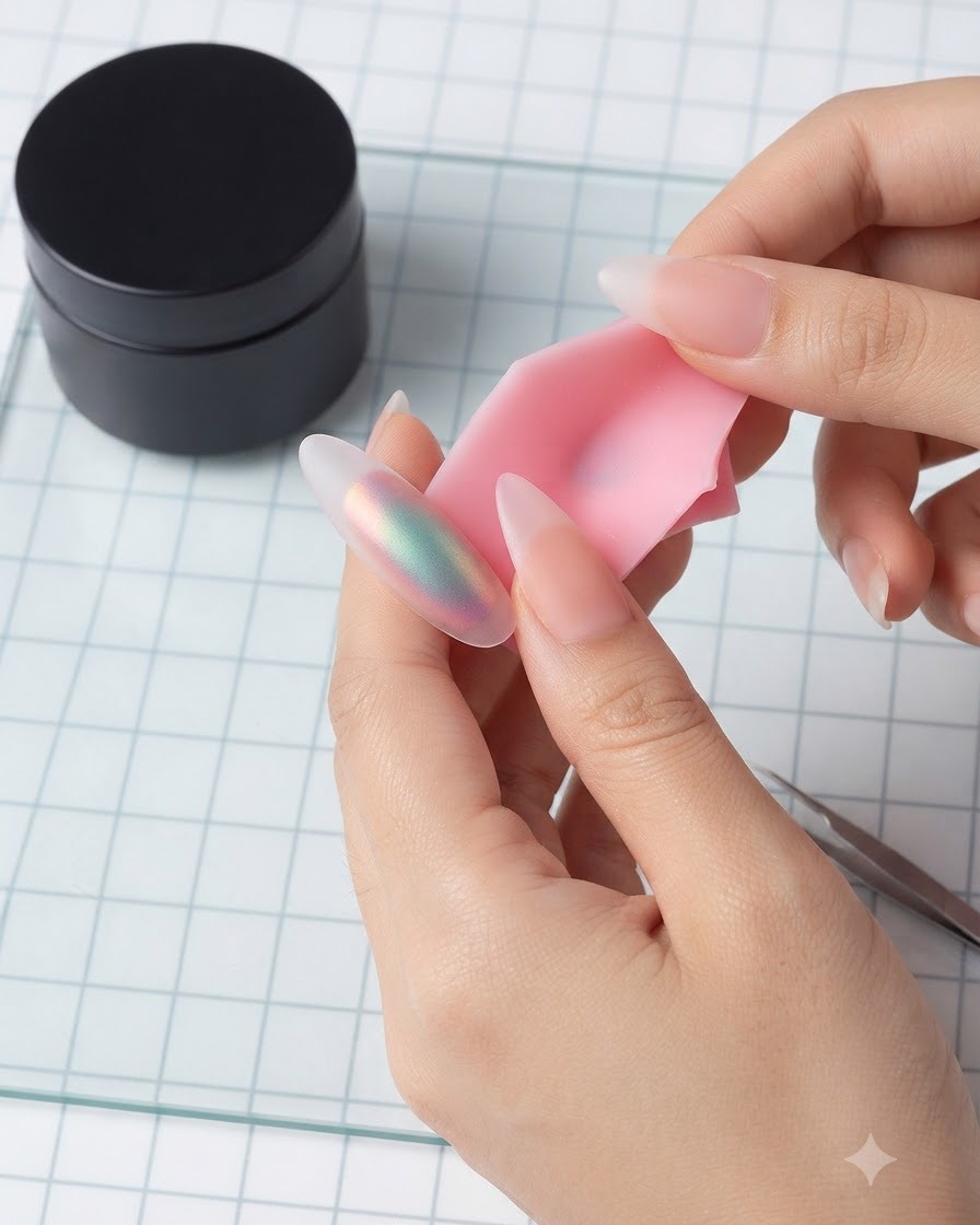 A nail brush spreading a matte top coat over an iridescent aurora-finished nail model.