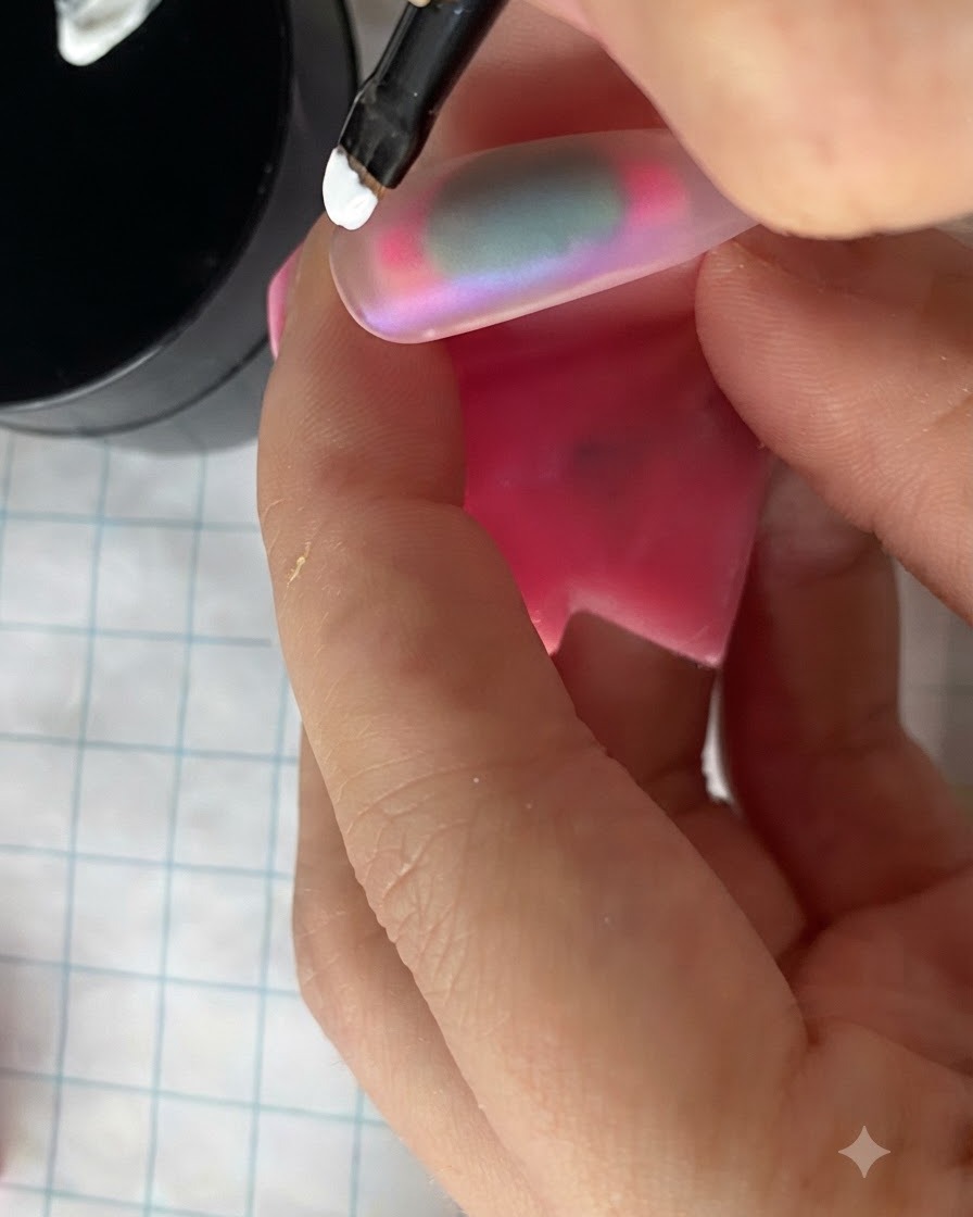 A hand holding a pink nail stand with a coated nail tip positioned inside a curing lamp.