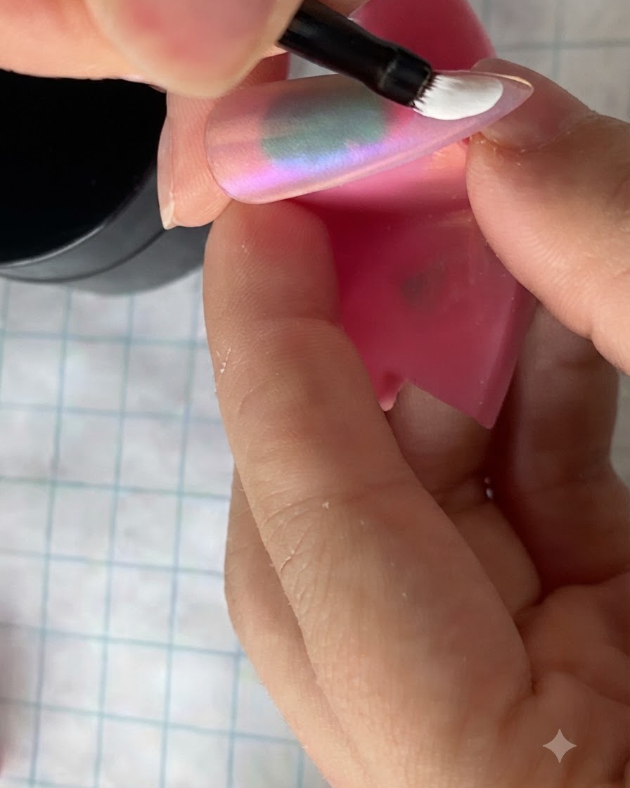 A fine brush placing a single white gel stroke to form a daisy petal on a matte nail surface.