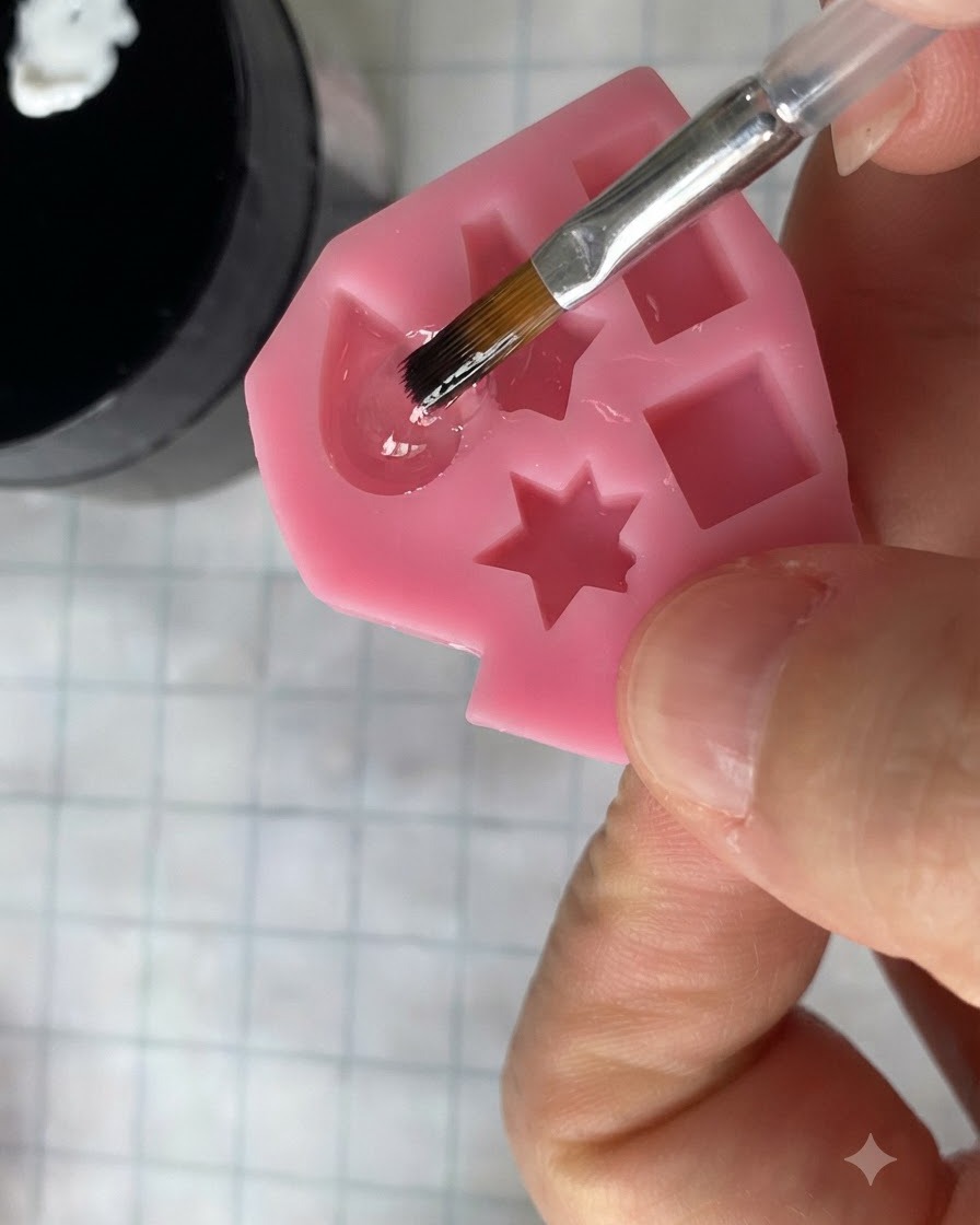 A fine brush dipping into a bottle to apply matte top coat over a molded base.