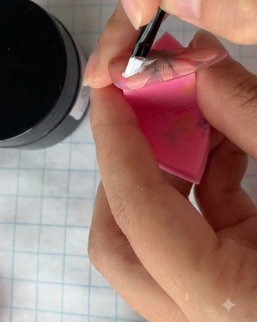 A fine liner brush carefully painting smaller white petals between the existing flower petals on a nail.