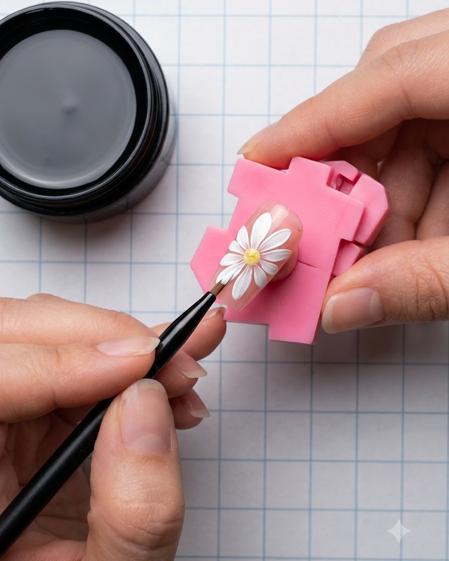 A detailed view of a hand using a fine brush to refine the white daisy petals on a nail.