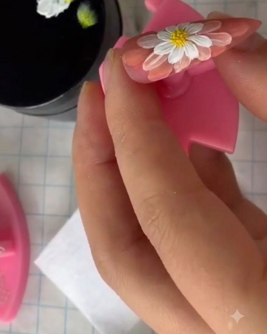 A hand holding a decorated nail near a UV lamp during the curing process.