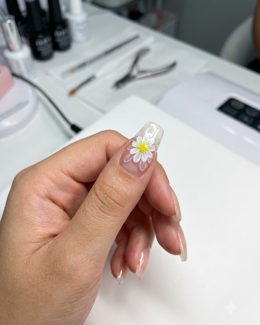 A nail brush spreading translucent pink color over the double-layered daisy nail design.