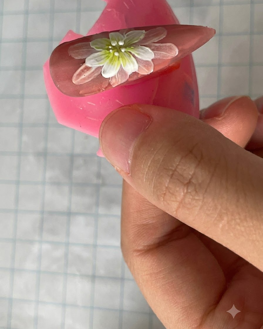 A brush applying a matte top coat over the finished double-layer daisy nail design.