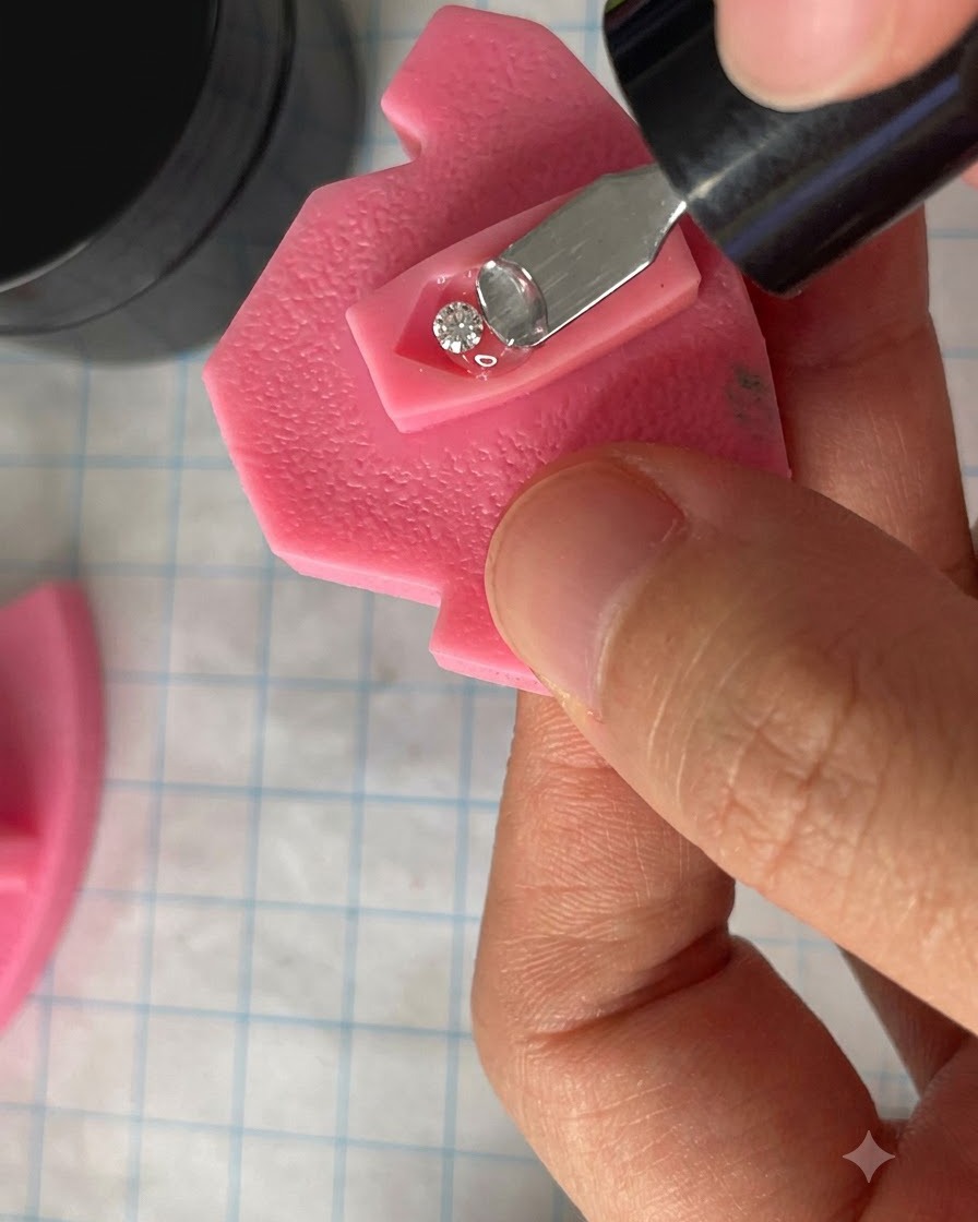 A hand placing a pink nail model under a UV lamp to cure.