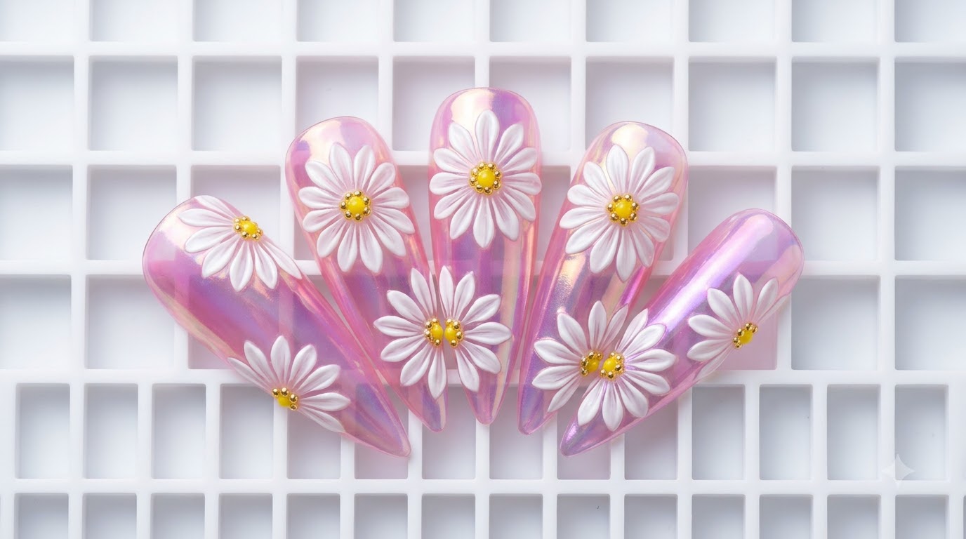 Double-Layer Daisy Floral Nail Art with Aurora and Chrome Effects — Step-by-Step Tutorial