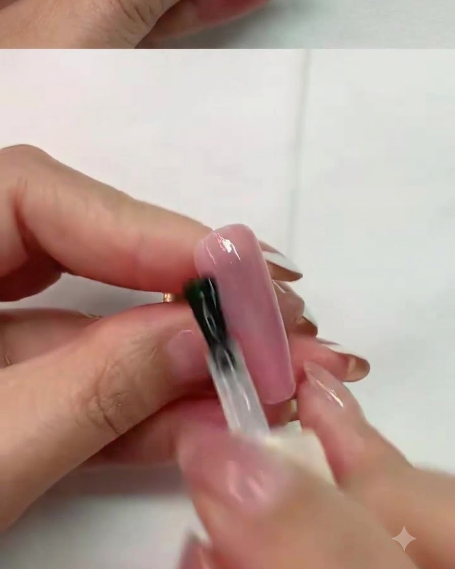 A nail brush curing application on a pink nail under a professional UV nail lamp.