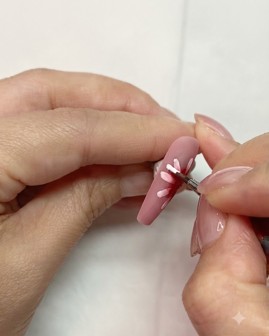A hand using a fine liner brush to paint a white petal overlapping the diffused red center on a nail.