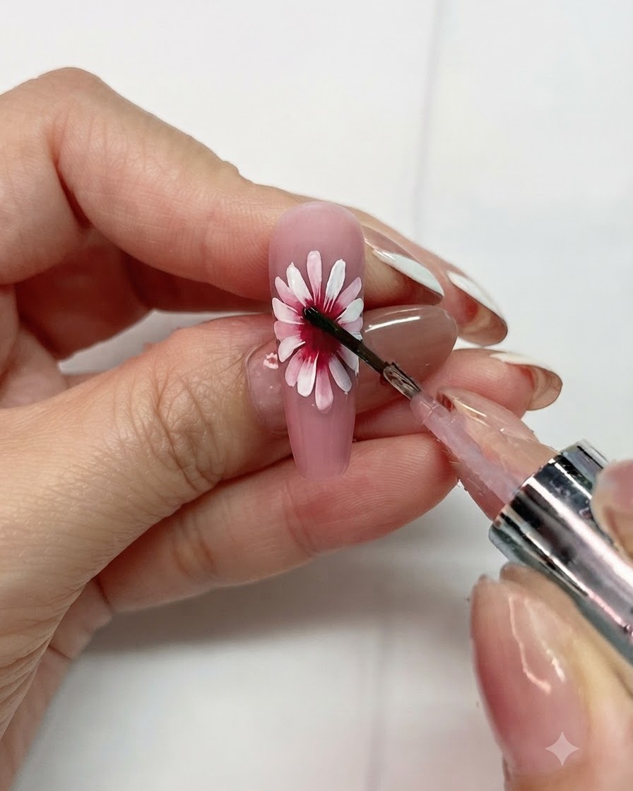 A detailed shot of a brush applying blooming liquid onto the center of the daisy flower design.