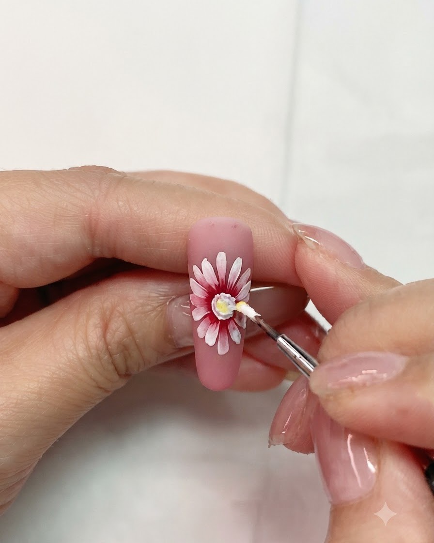 A small detail brush applying yellow gel into the center of a pink and white layered daisy nail art.