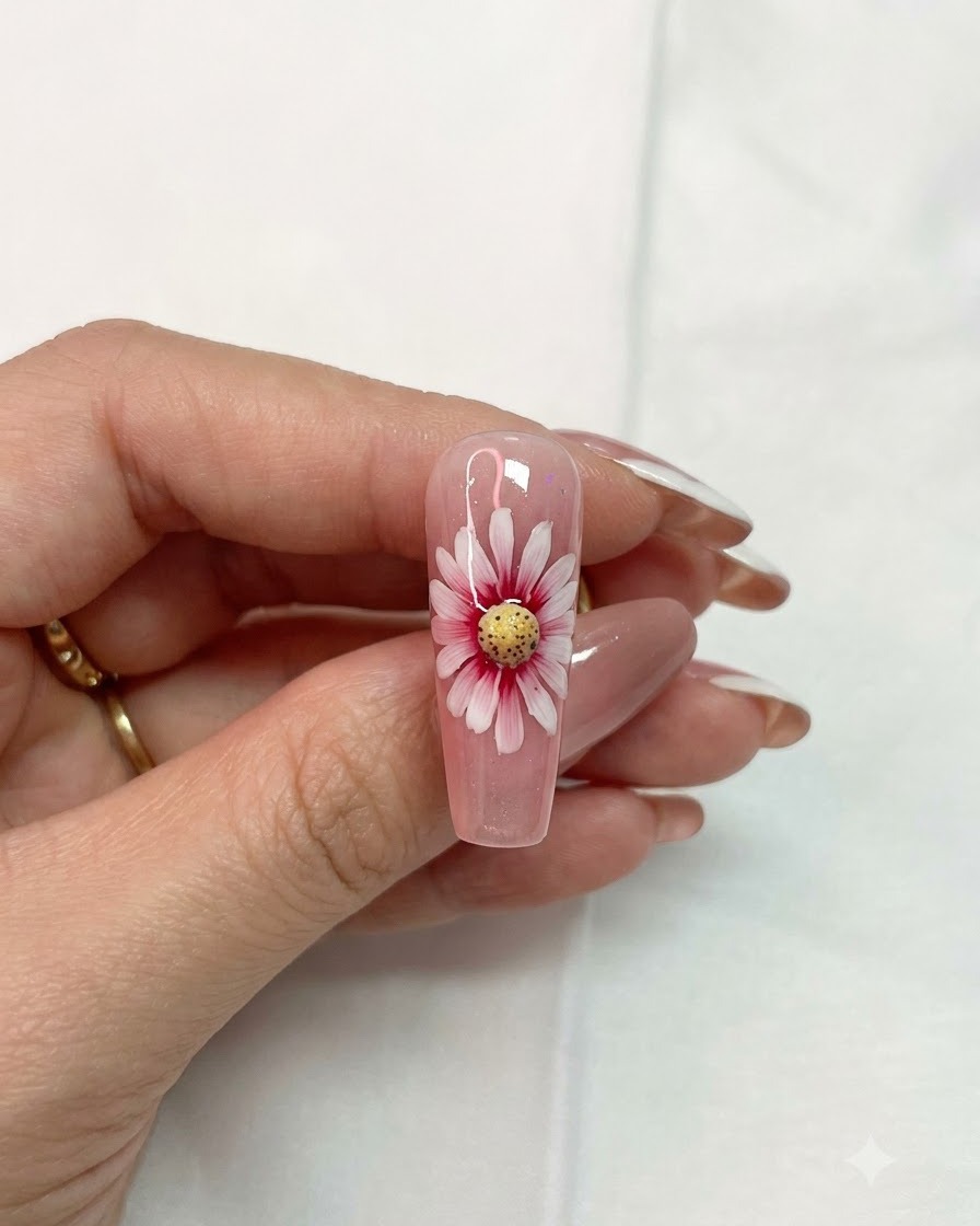 A close-up view of the nail curing under a lamp after adding brown shading to the flower center.