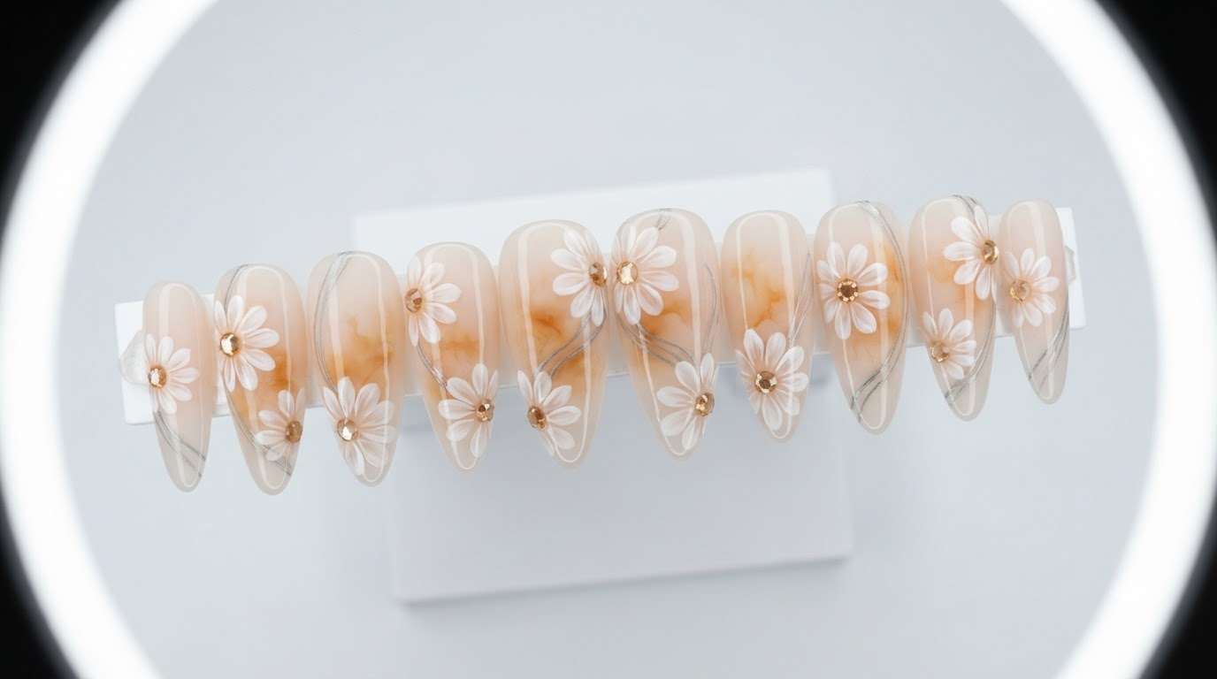 Almond-shaped press-on nails featuring a nude base, amber watercolor gradient art, and delicate white double-layer daisies.