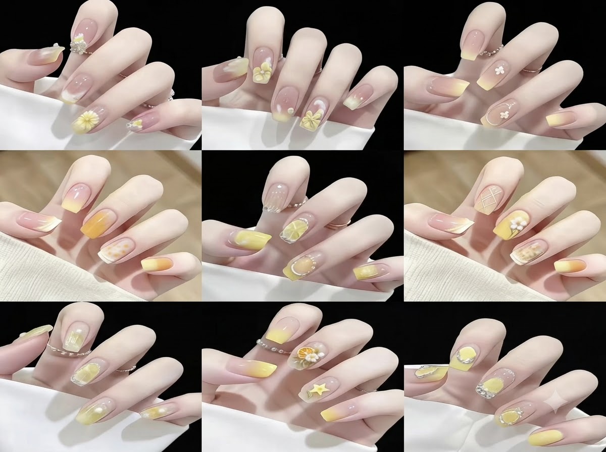 A grid display showcasing nine different styles of yellow gradient and floral nail art designs on artificial nail tips.
