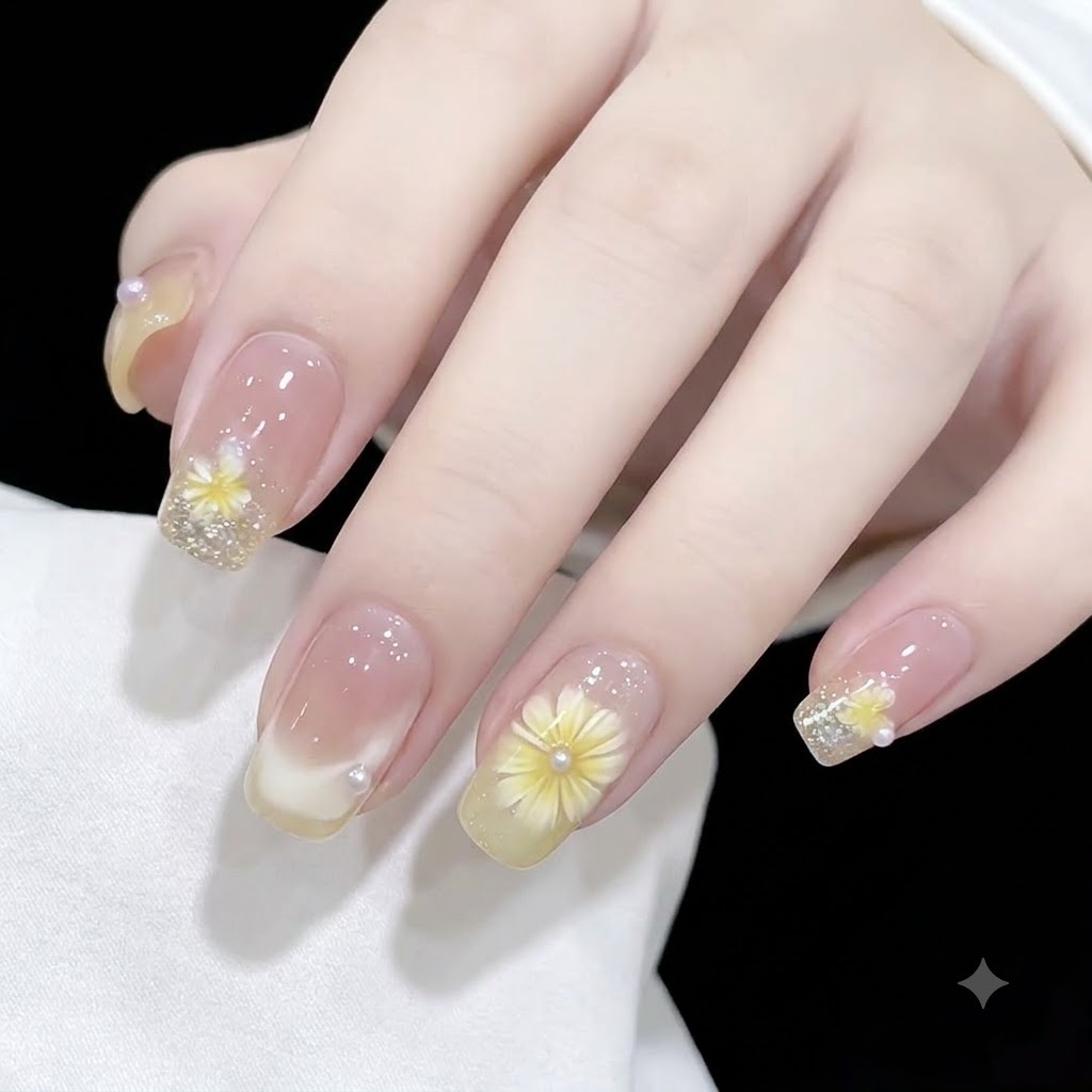 Close-up view of a hand showcasing clear jelly-base nails decorated with 3D yellow daisy flowers and accent pearls.