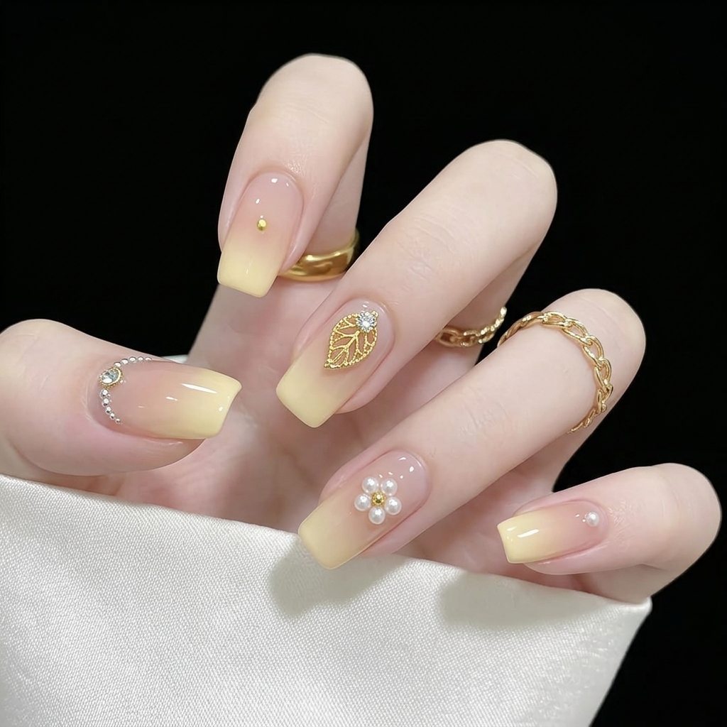 Detailed shot of soft yellow gradient ombre nails adorned with delicate white daisy accents and fine glitter dust.
