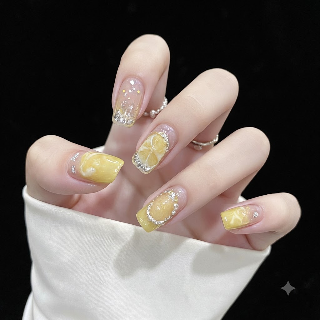 Close-up view of bright yellow solid nails accented with silver rhinestone framing and sparkling glitter dust.