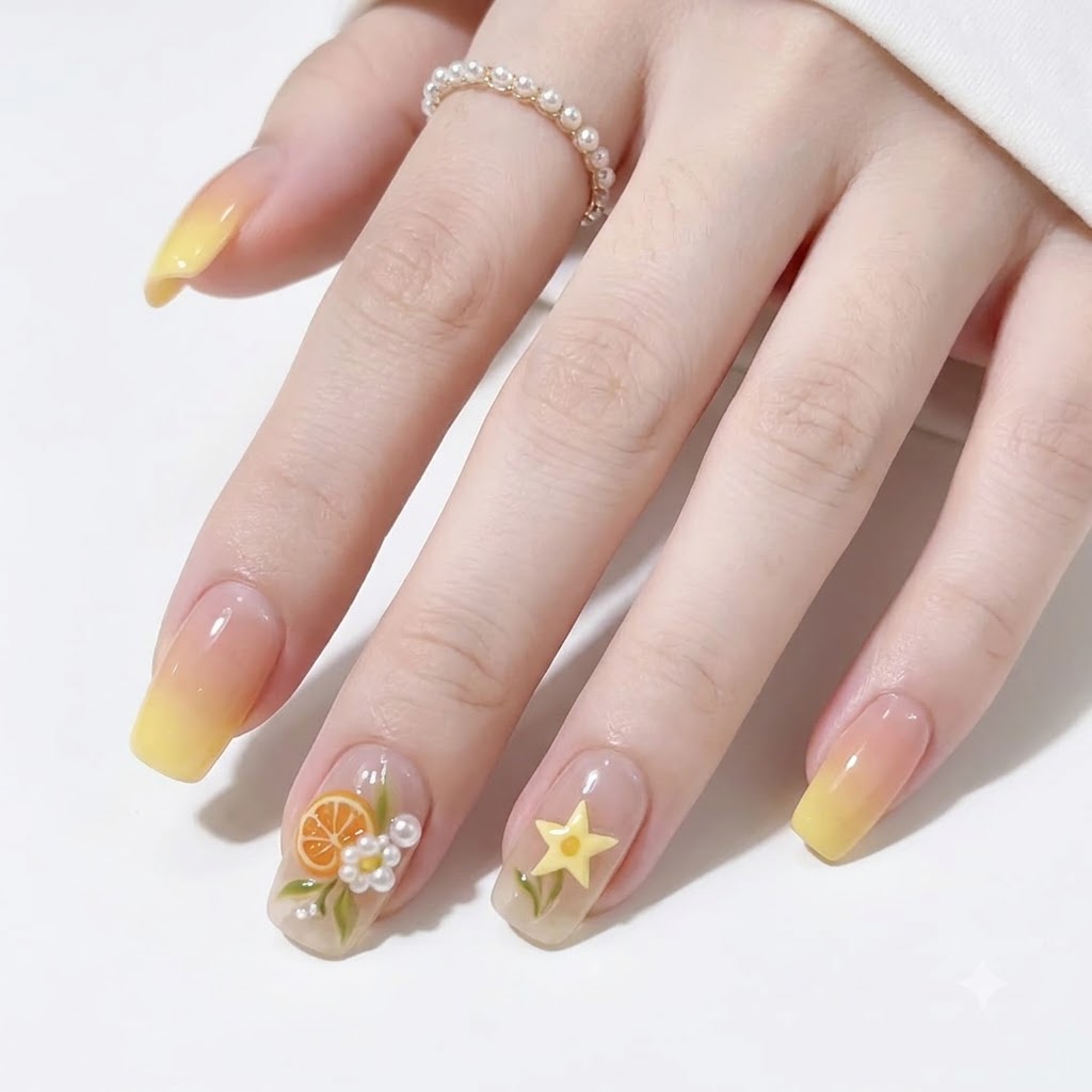 A close-up of a hand with square-shaped nails featuring translucent yellow jelly bases decorated with a 3D orange slice charm and white flower embellishments.