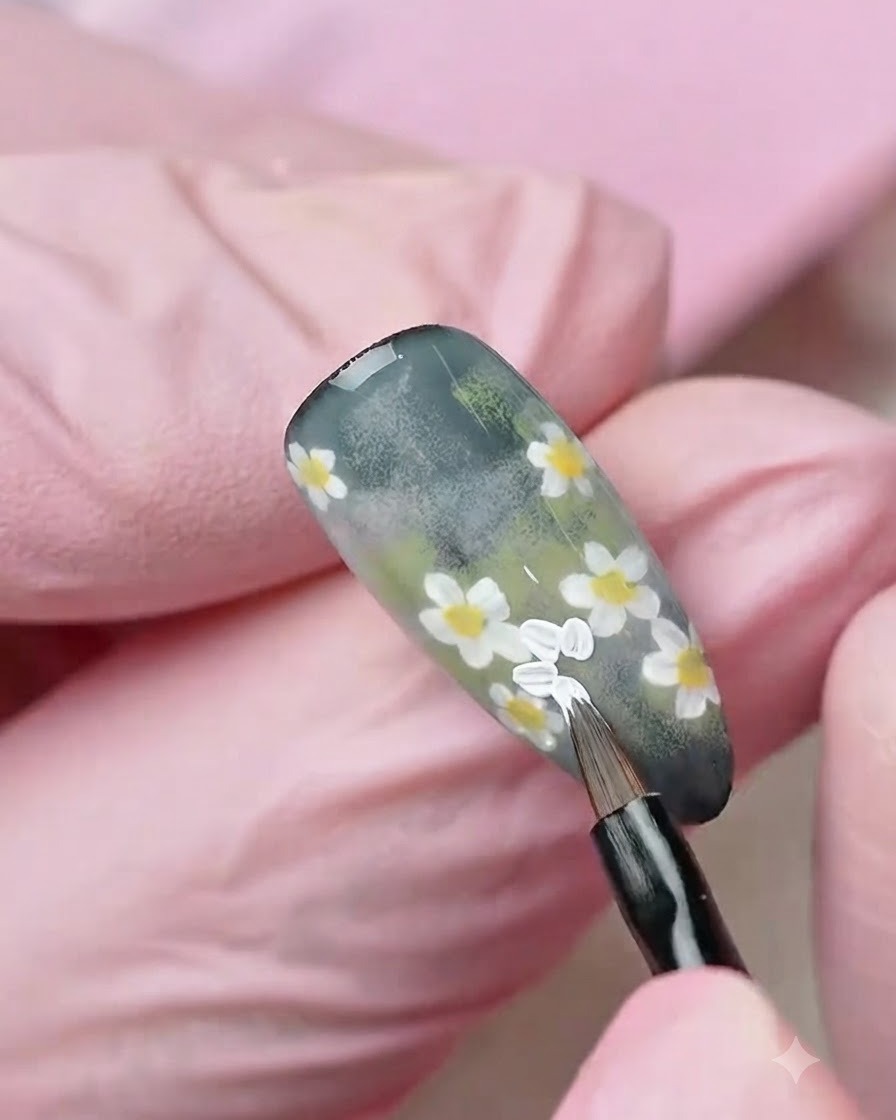 A close-up of a gloved hand using a fine liner brush to paint white flower petals on a textured green nail surface.