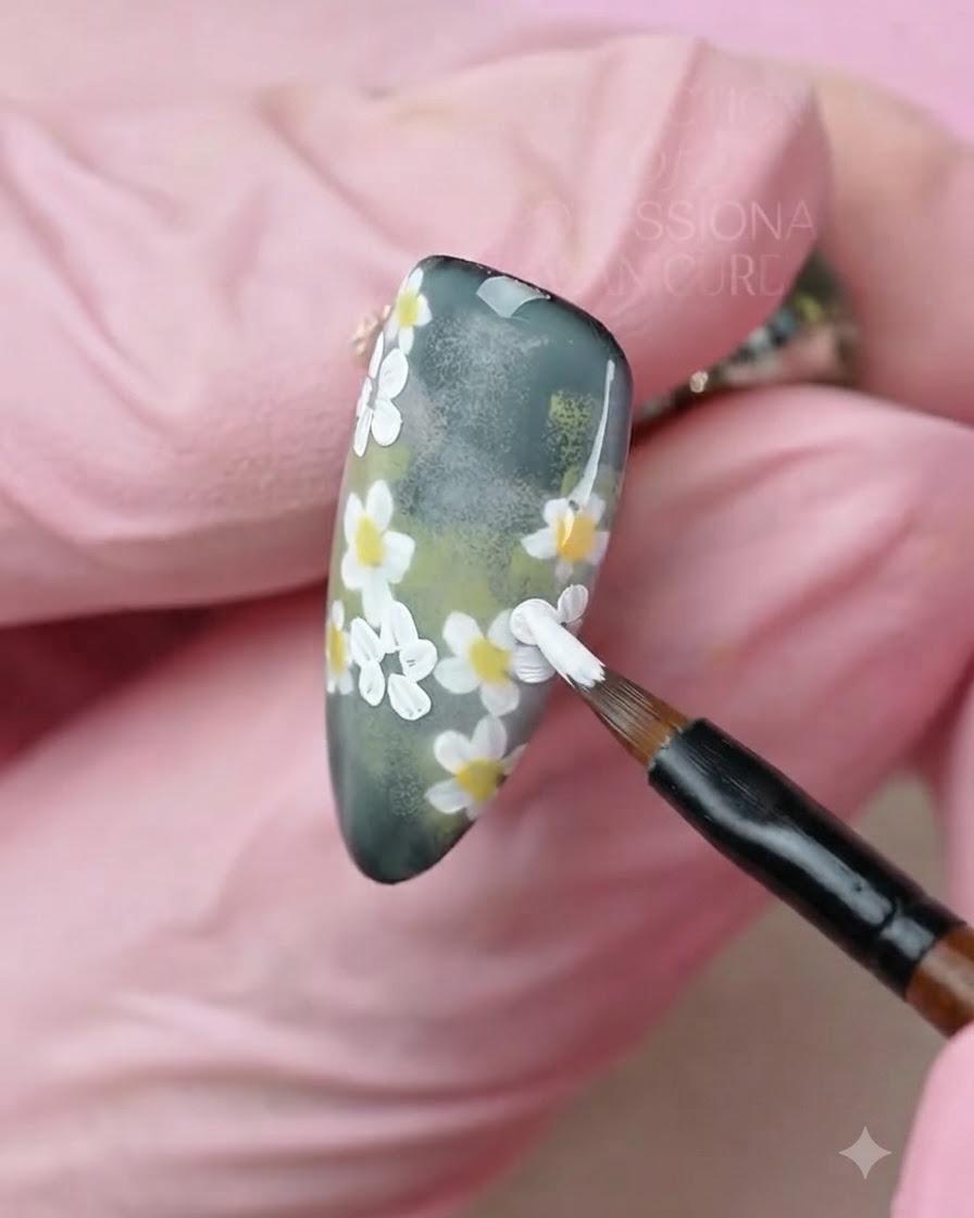 A detail brush carefully applying bright yellow dots to the center of white painted daisy flowers on a nail.