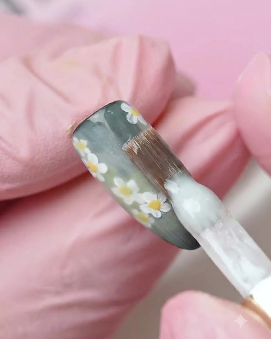 A brush applying a layer of milky white gel polish over a decorated nail surface.