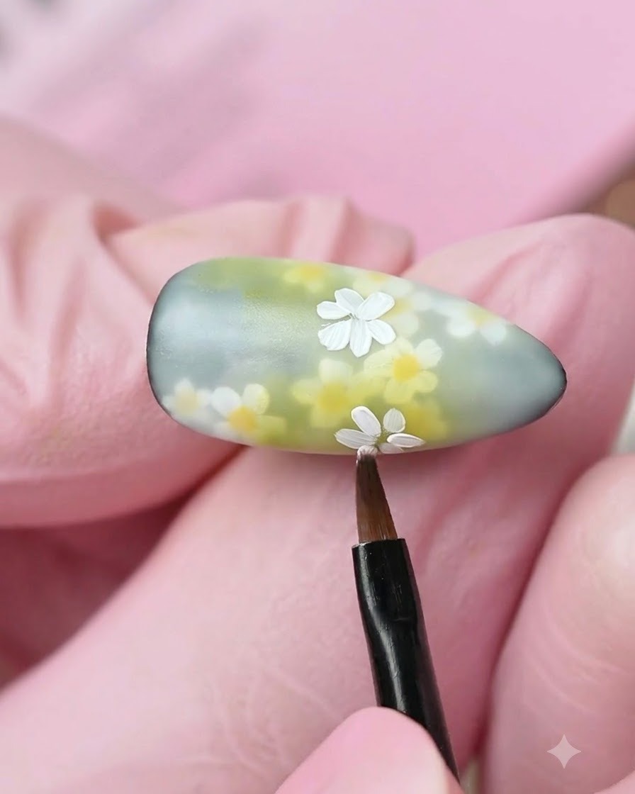 A fine liner brush adding final white petal details to a daisy flower on a multi-toned nail.