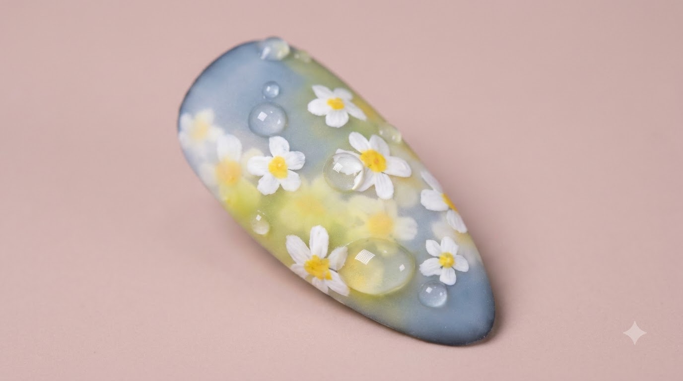 Daisy Garden Nail Art — Soft Gradient & 3D Water Droplets Tutorial