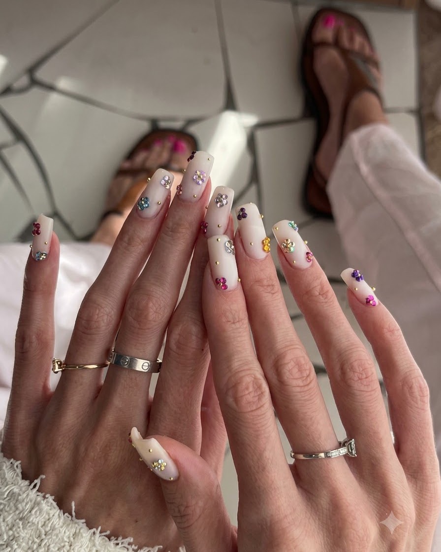 Close-up shot of right hand fingers showcasing multicolored floral nail art details and silver stacking rings.