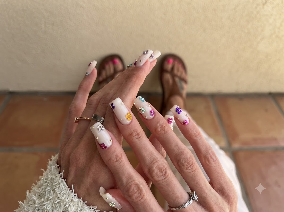 Both hands held together displaying a matching set of milky white nails with scattered floral gems.
