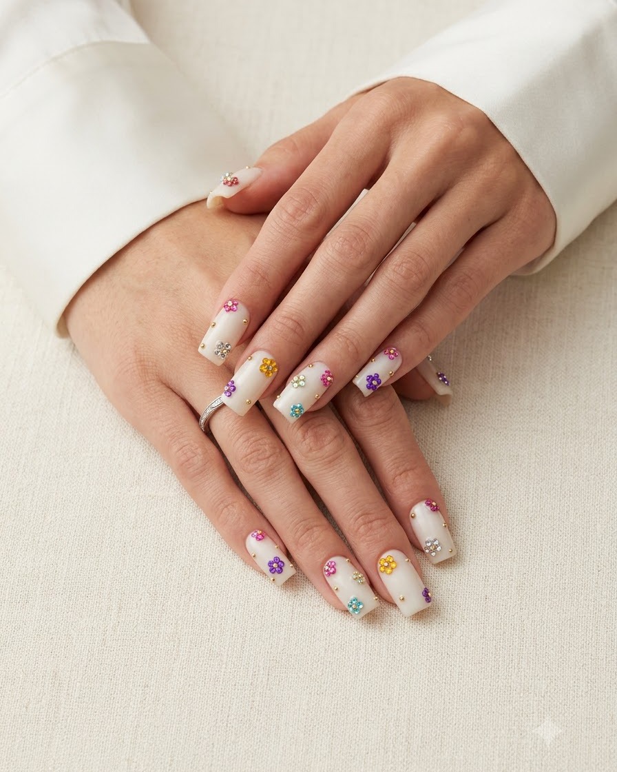 Fingers slightly rotated under bright studio light showing the sparkling facets of nail rhinestones.